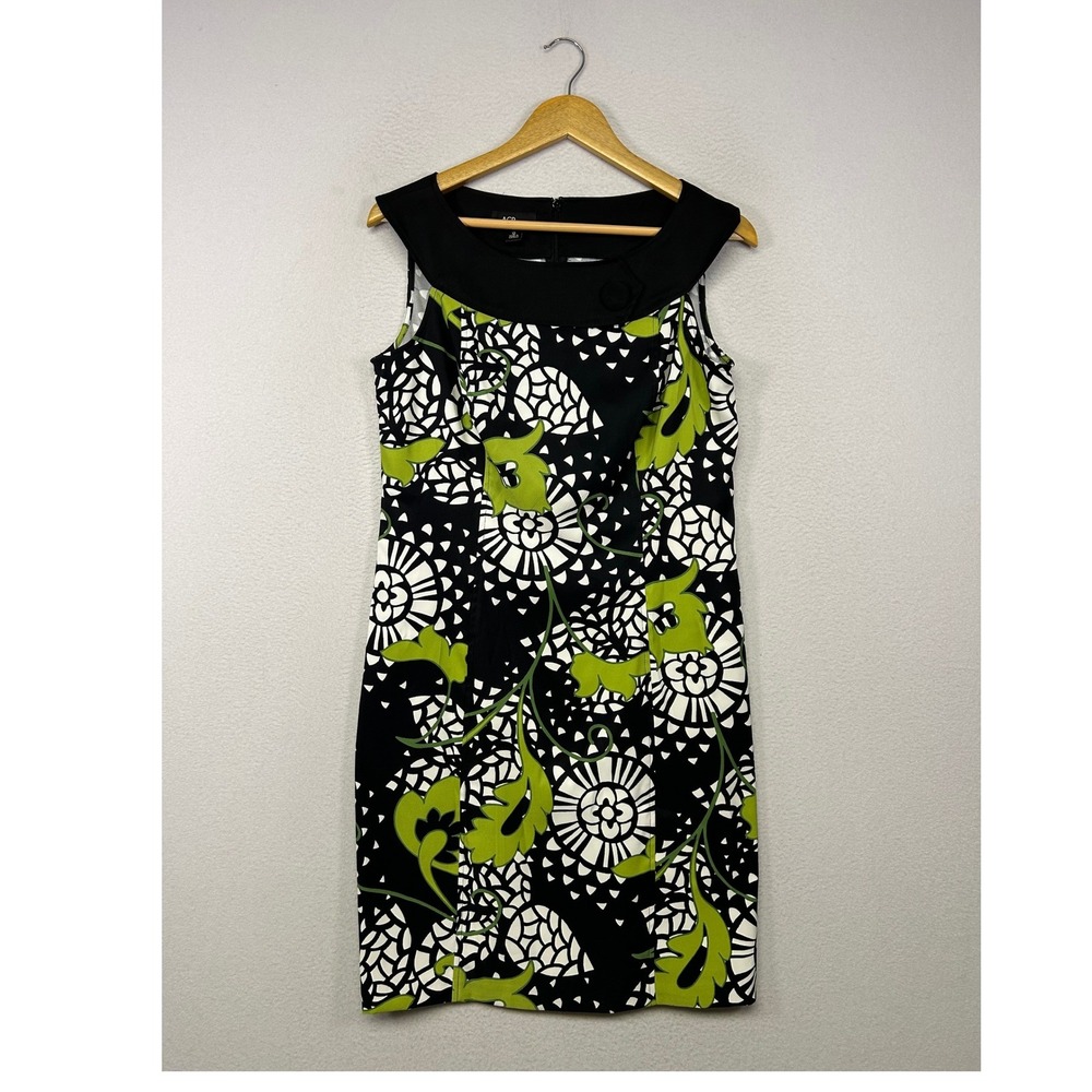 Mod Retro AGB Dress Women 12 Black Green Floral Geometric Portrait Collar Sheath